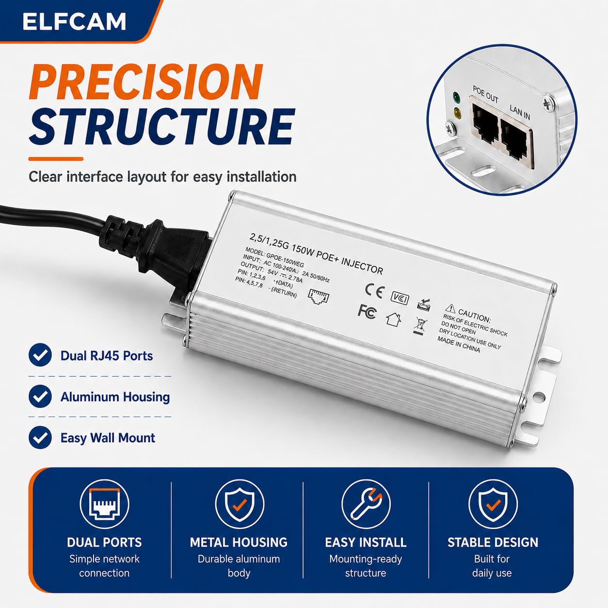 Elfcam - Iniettore PoE 150W 2,5Gb/1,25Gb per Starlink Gen 3 e 2, lega di Alluminio per Un'eccellente Dissipazione Del Calore, Ingresso 100-240V AC e Uscita 150W 48V-56V.