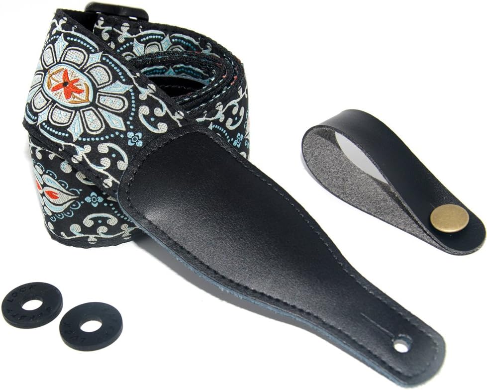 COOME Floral Guitar Strap Adjustable Pure Cotton Straps Leather Ends Head Strap Button & 2 Strap Locks for Acoustic Electric Classical Bass Guitars (White)