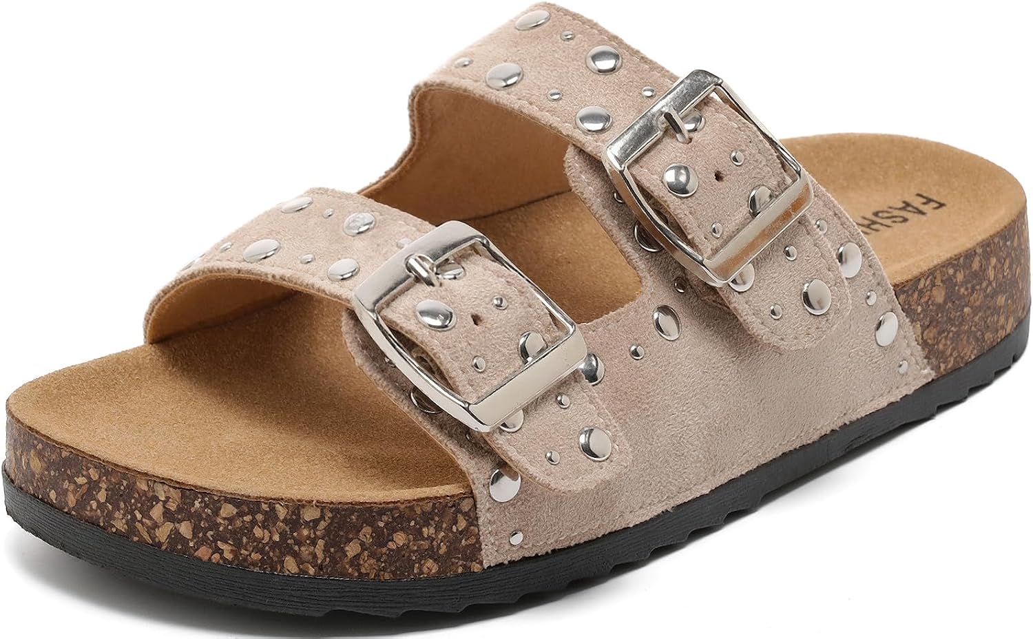 Kids Cork Footbed Sandals Boys Girls Fashion Studded Double Buckle Slide Sandals Adjustable Strap Flat Mules Non Slip Open-Toe Beach Slides Comfort Walking Sandals Summer Shoes Indoor Outdoor Slippers