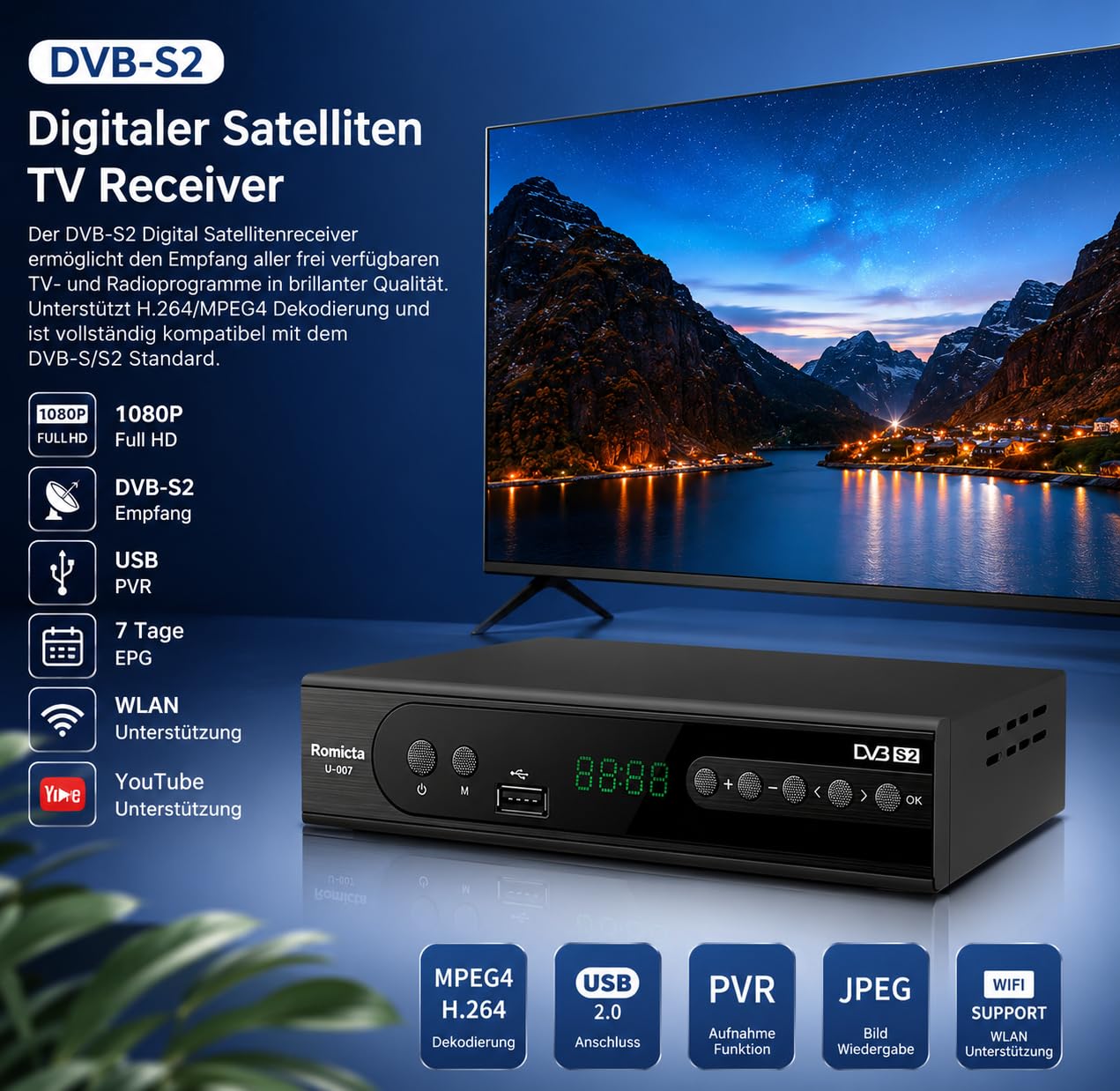 Romicta HD Satelliten Receiver DVB-S/S2 PVR EPG SCART USB Mediaplayer HDTV YouTube Schwarz