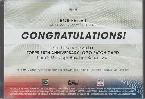 Miniatura 2 de 2021 Topps Bob Feller Indians 70th Anniversary Logo Patch Baseball Card #T70P-BF