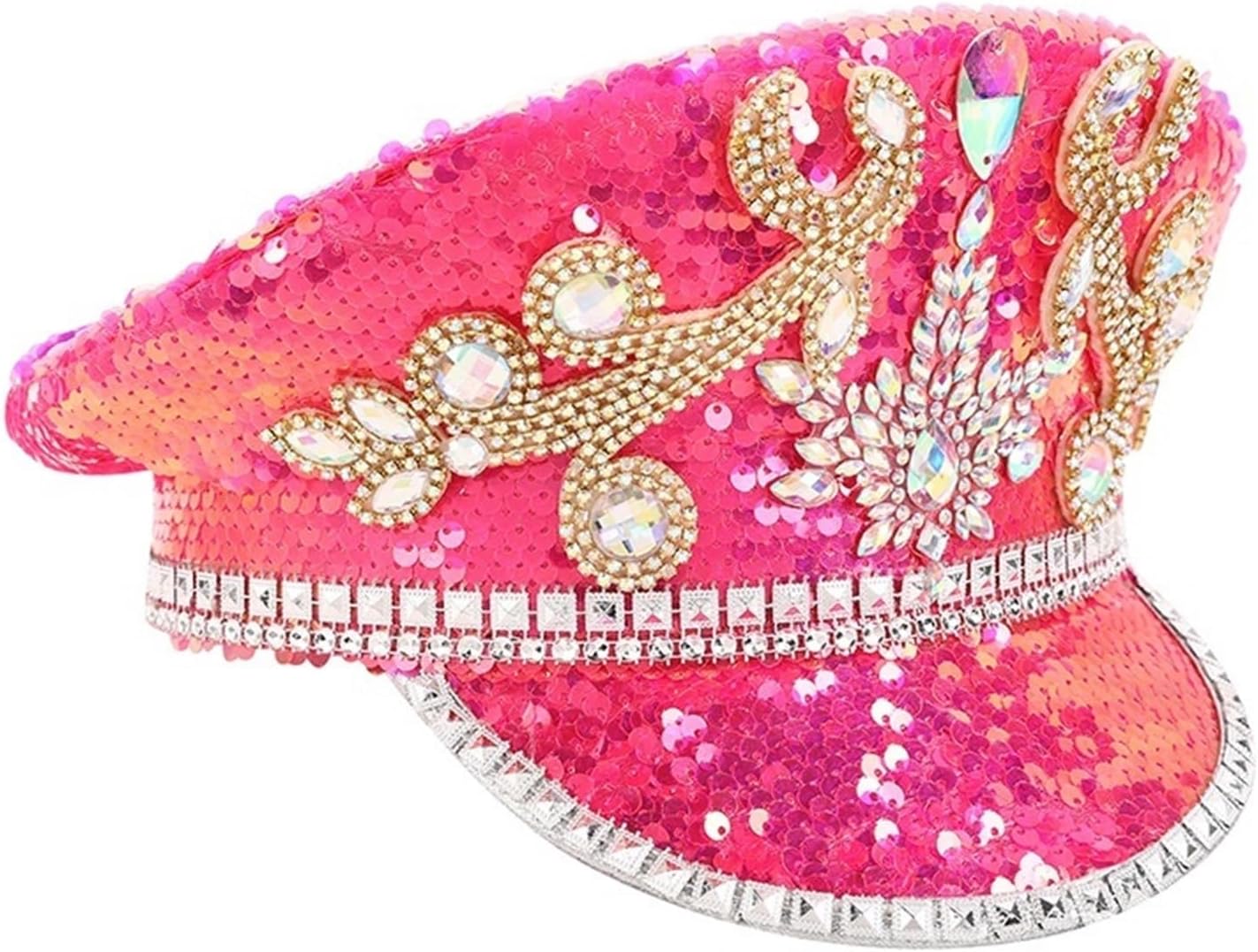 Multicolor Buning Man Sequin Burning Military Captain Sergeant Hat Rhinestone Festival Party Hat (Color : Pink, Size : Large)