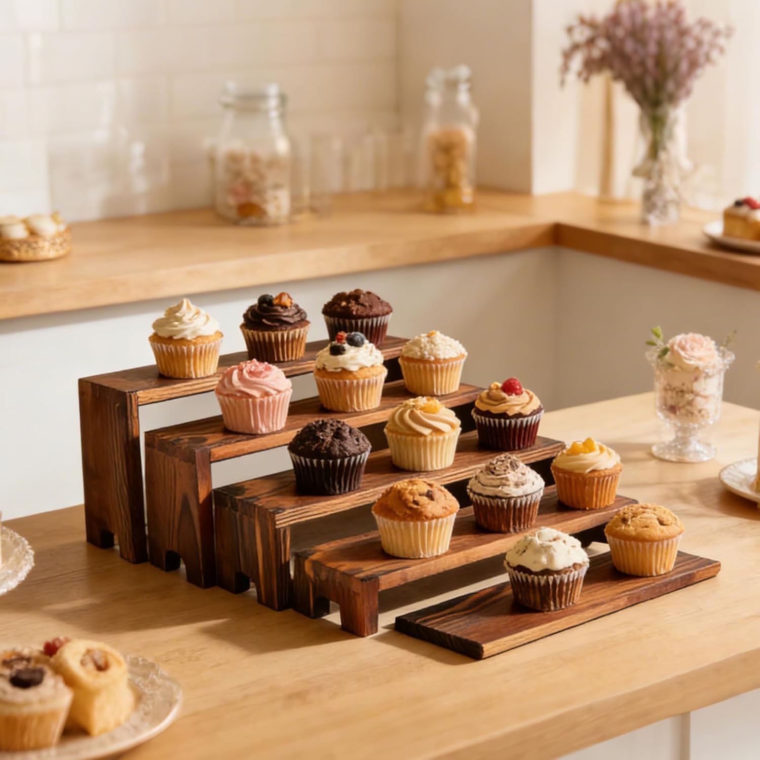 12 IN Large Wooden Tiered Riser Display Stands, 2Sets 5-Tier Wooden Cupcake Stand & Display Risers, 10PCS Stackable Tiered Shelf Perfume Organizer Dessert Table Cookie Display Stands for Vendor Events - Image 4