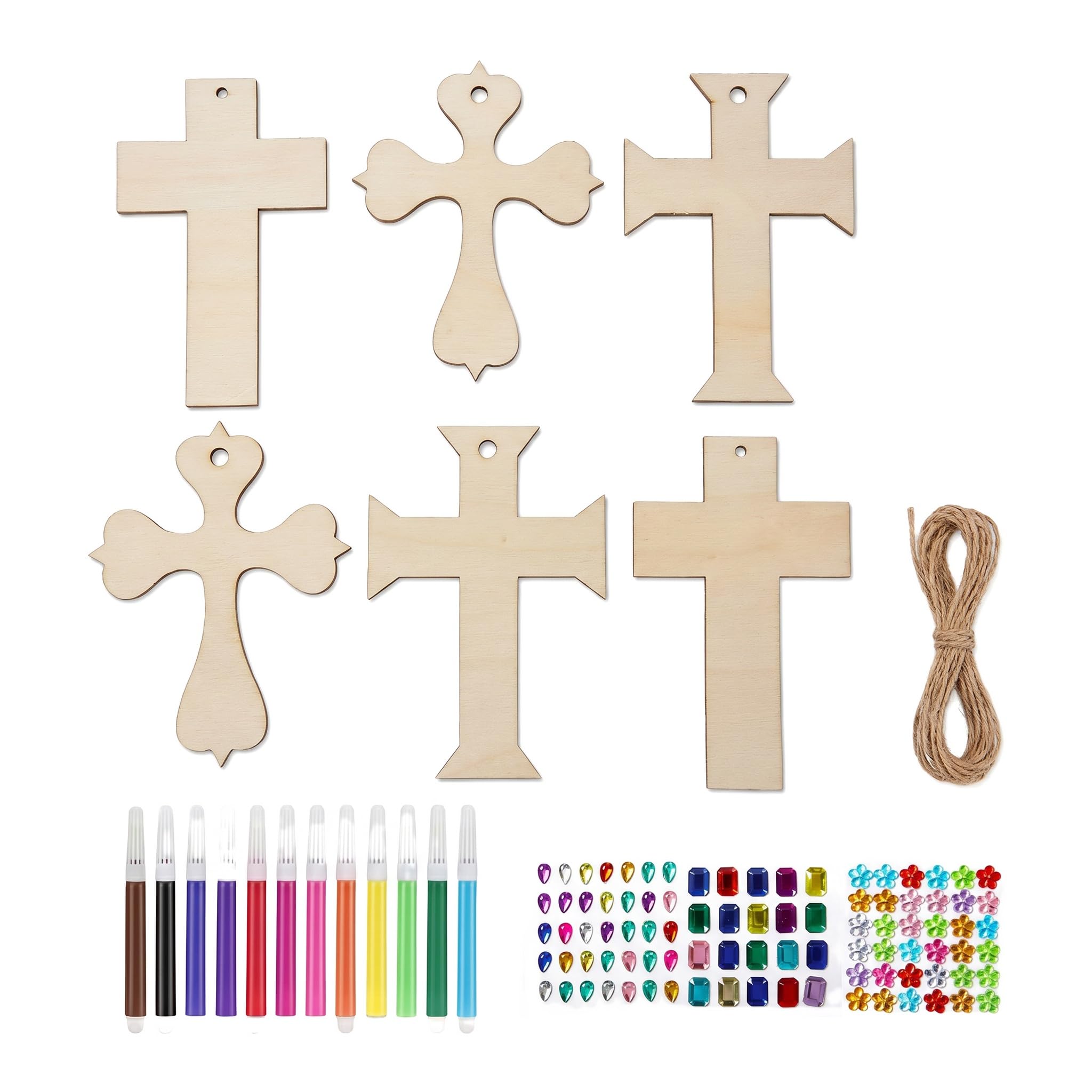 XIAOjnHONG 12Pcs Unfinished Wooden Cross Craft Kit 12 Pens 3 Styles