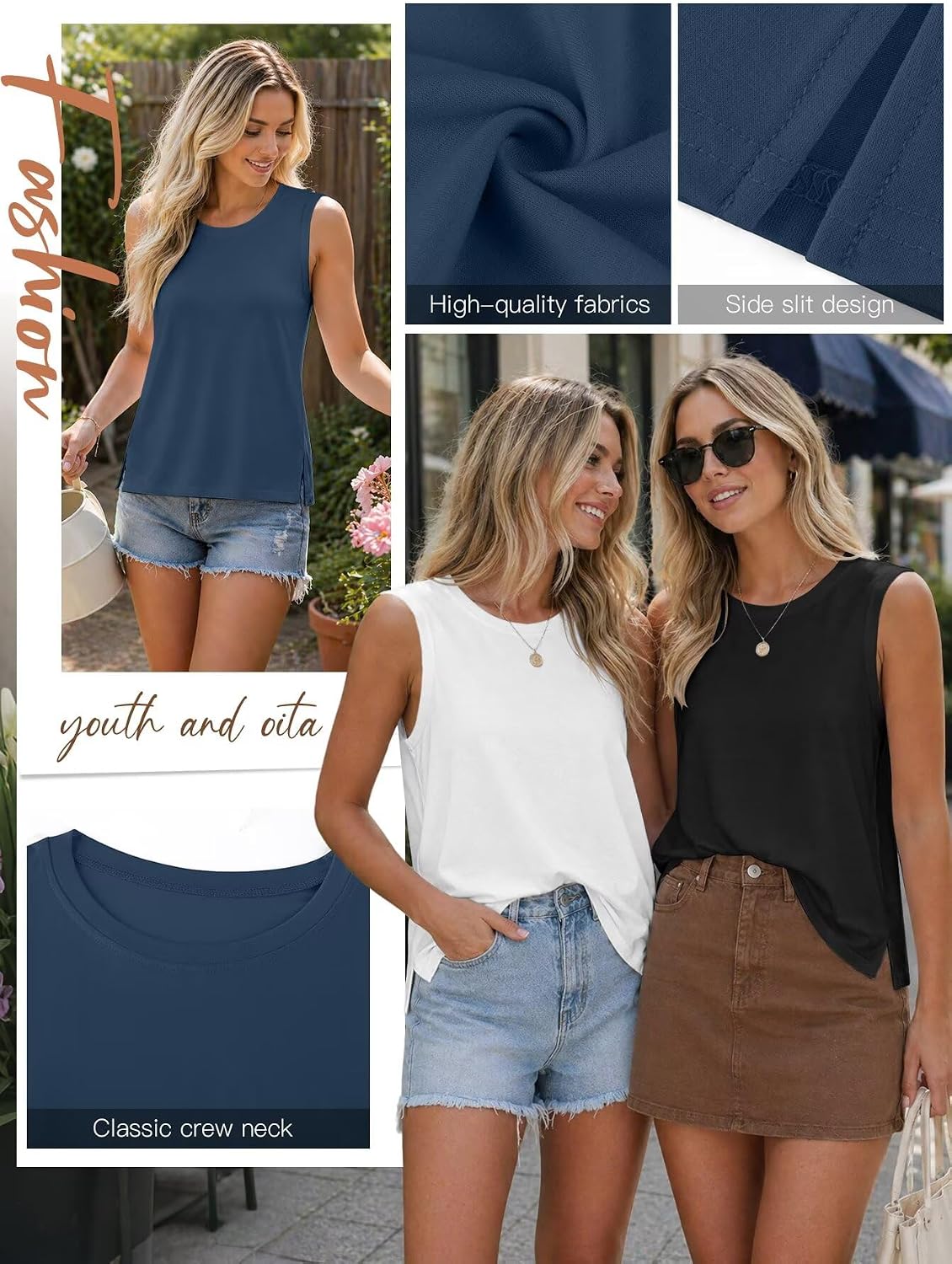 KKJ 4 Pack Womens Tank Tops Casual Loose Fit Basic Tees Crew Neck Sleeveless Shirts Summer Vacation Outfits Fashion Clothes