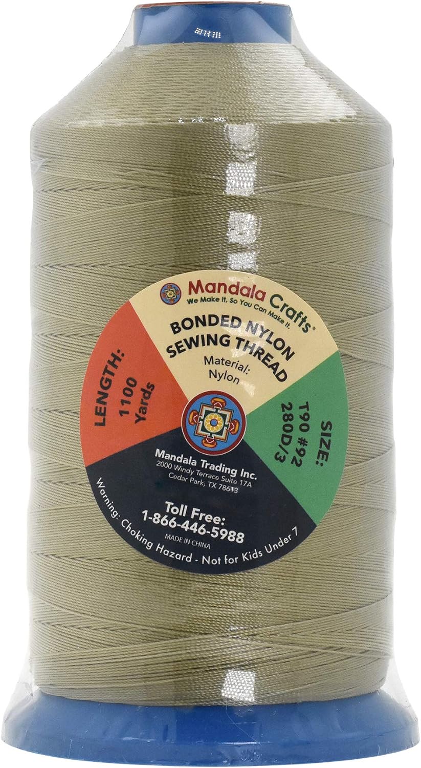 Mandala Crafts Tex 90 Bonded Nylon Thread for Sewing - 1100 YDs T90 Heavy Duty Beige Nylon Thread Size 92 280 D Upholstery Thread for Leather Jeans Weaving