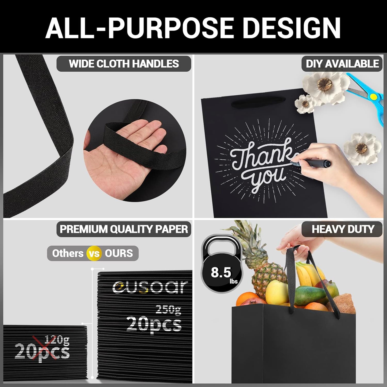 EUSOAR Shopping Bags for Boutique, 20pcs 7.8" x 3.9" x 11" Medium Sturdy Black Kraft Paper Gift Bags with Cloth Handle Bulk for Business, Craft Grocery, Party, Wedding - Image 3