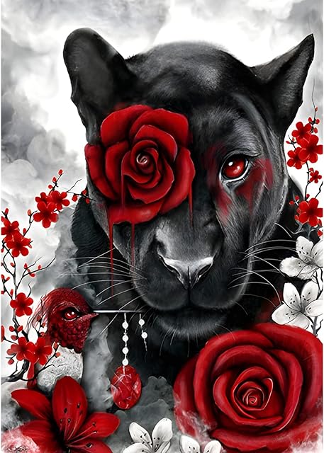 MXJSUA Tiger Diamond Painting Kits, 5D Diamond Painting Kits for Adults Beginner, 5D Diamond Art Tiger Kits Adults, DIY Diamond Picture Arts Gem Arts Painting Red Roses and Black Tiger 30x40cm
