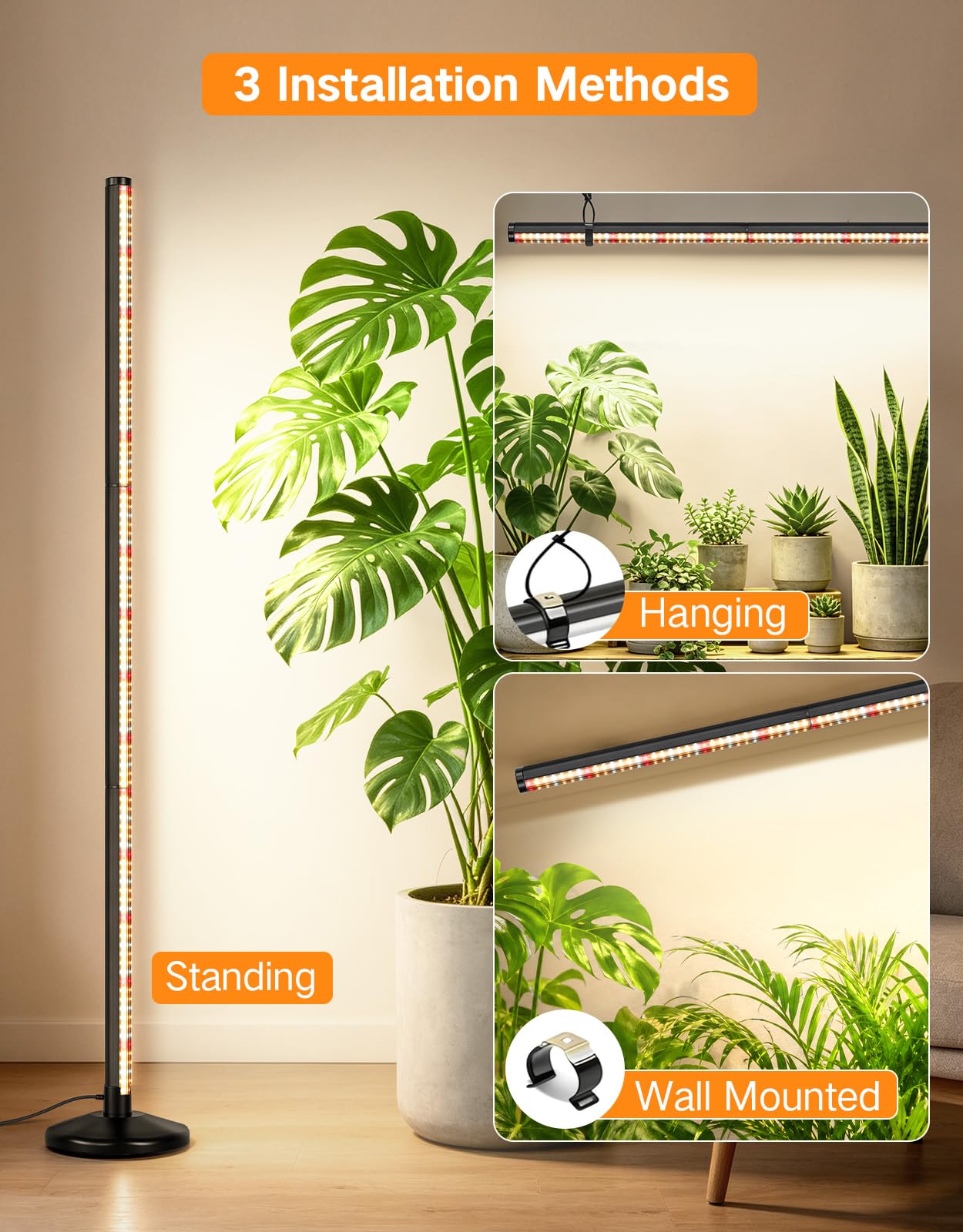 OUTON LED Pflanzenlampe Vollspektrum für Zimmerpflanzen, 210 LEDs, Schwarz | Wachstumslampe mit Timer 4/8/12H, 10 Dimmstufen, Höhenverstellbar 38-110 cm, Vertikale Pflanzenleuchte für große Pflanzen