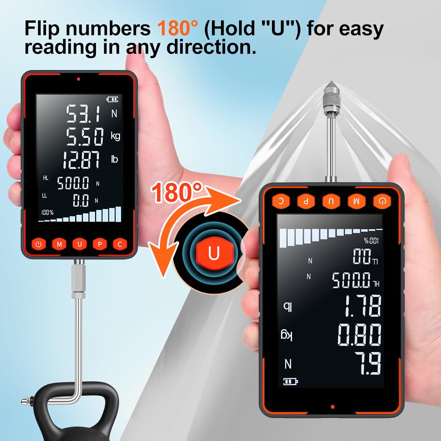 Trigger Pull Gauge, Force Gauge Weight Push Pull 500N Extra Large LCD with N kg lb, Peak & Real Time Auto Peak Modes, Data Software, Calibration Certificate, Digital Trigger Pull Scale