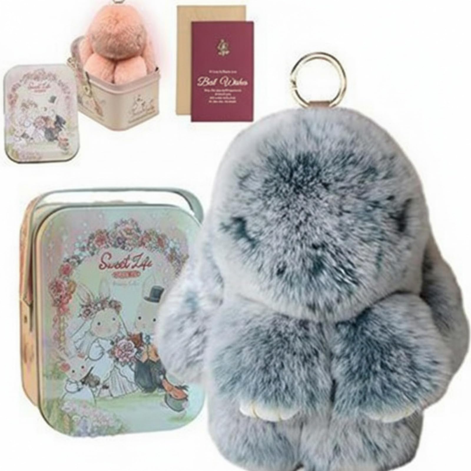 AVZYARDY Bunny Keychain with Tin Box, Soft Fluffy Handmade Bunny PomPom Charm, Easter Bunnylulu Plush Key Chain, Easter Gift Plush Keychain for Bag, Backpack, Purse, Handbags