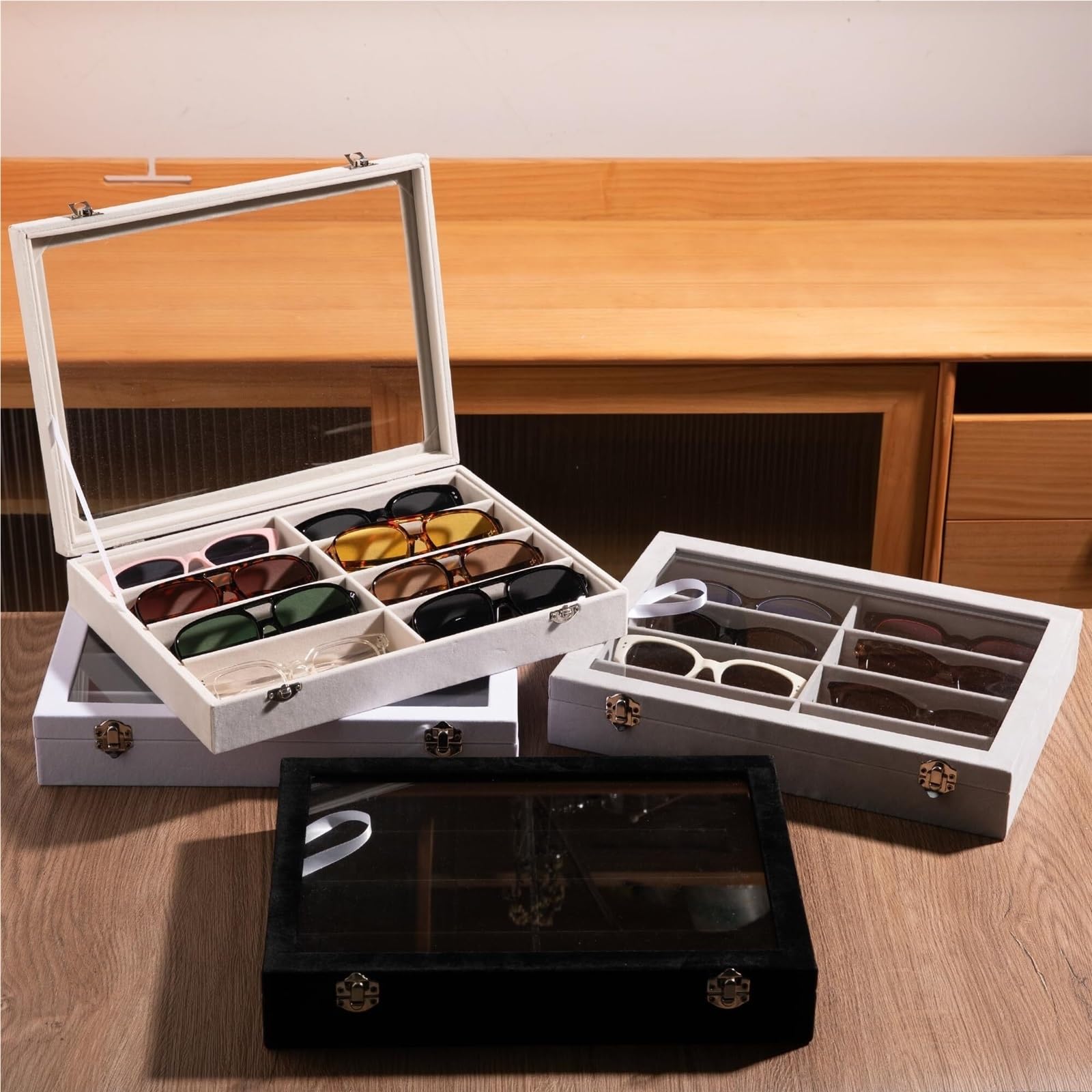 Sonnenbrillen Aufbewahrung Samt-Brillen-Organizer, 8-Fach-Sonnenbrillen-Tablett, Sonnenbrillen-Box Brillenständer für Uhren(Black,No lid)