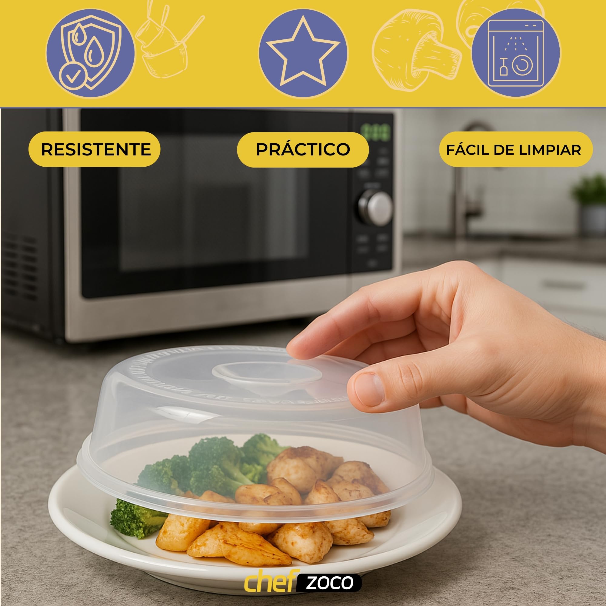 CHEFZOCO Tapa microondas, Tapa de Salpicaduras de Microondas, Tapa Protectora para Microondas, Tapadera Calentar Comida, Libre de BPA, con Orificio de Vapor, 27.5 cm diámetro x 7 cm Altura