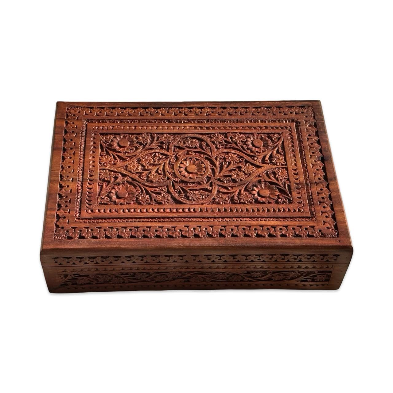 Imperial Wooden Art ® Brand Sheesham Handmade Wooden Keepsake Storage Box – Jewelry & Trinket Organizer with Floral Carvings and Inlay – Decorative Multipurpose Box for Gifts 12X8 Inch-image-0