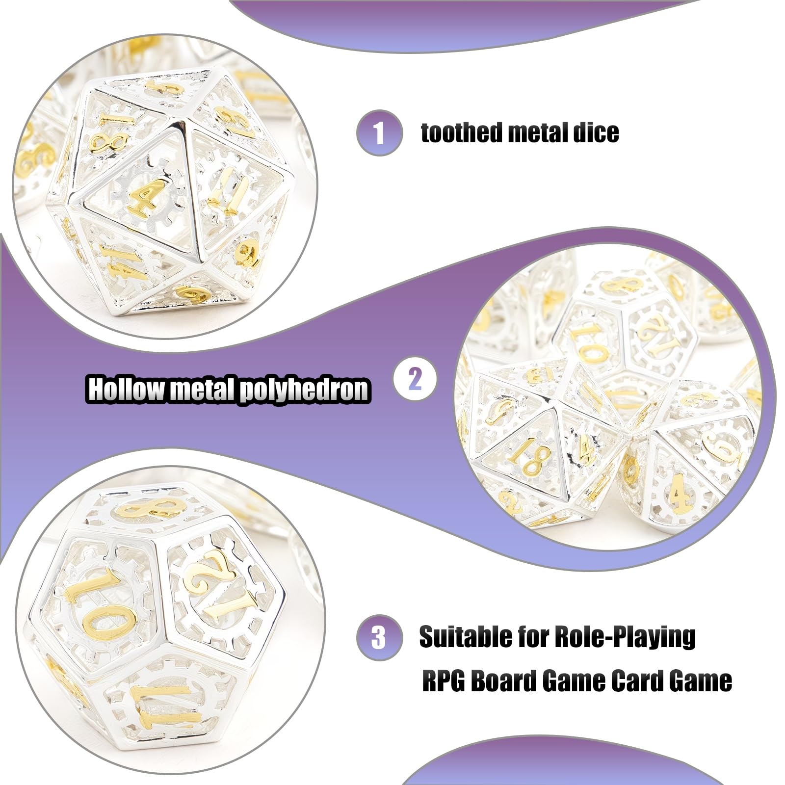 Ensemble de 7 Dés en Métal Dentelés Blancs et Jaunes, Polyèdres Creux, Compatibles avec Les Jeux de Rôle Les Jeux de Plateau et Les Jeux de Cartes
