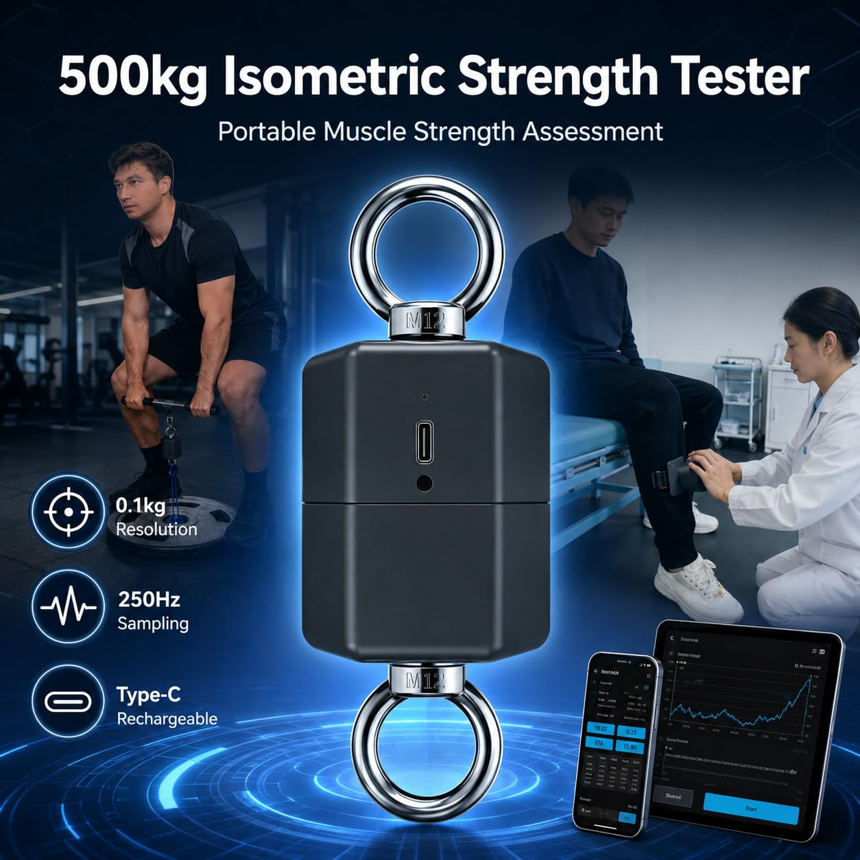 Kraftmessgerät Fitness 500kg, Push Pull Dynamometer mit 250Hz Abtastrate für Sportanalyse und Peak Force Analyse