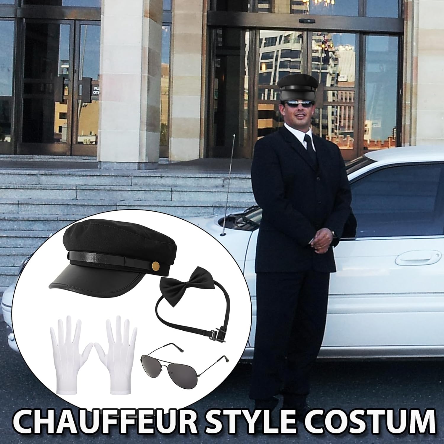 Chauffeur Costume Limo Taxi Driver Halloween Cosplay Accessories Chauffeur Hat Sunglasses Gloves Bowtie Set - Image 4