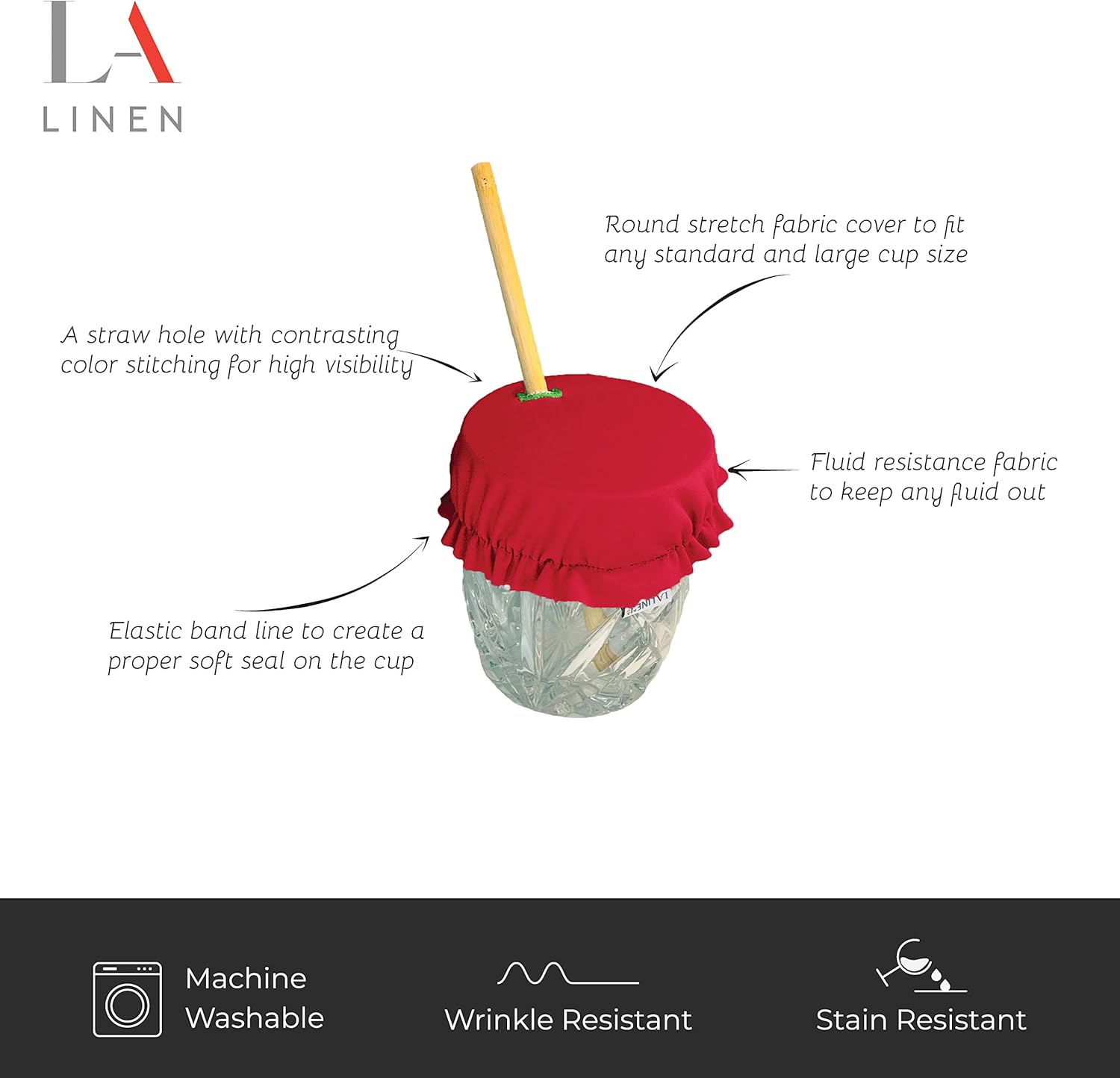 LA Linen Drink Cover, Stretch Safety Glass Cover with Straw Hole, Washable and Reusable, Prevent Spiking or Spilling, Keep Out Sand, Flies, Leaves, Pet Hair, 2 Pack, Red