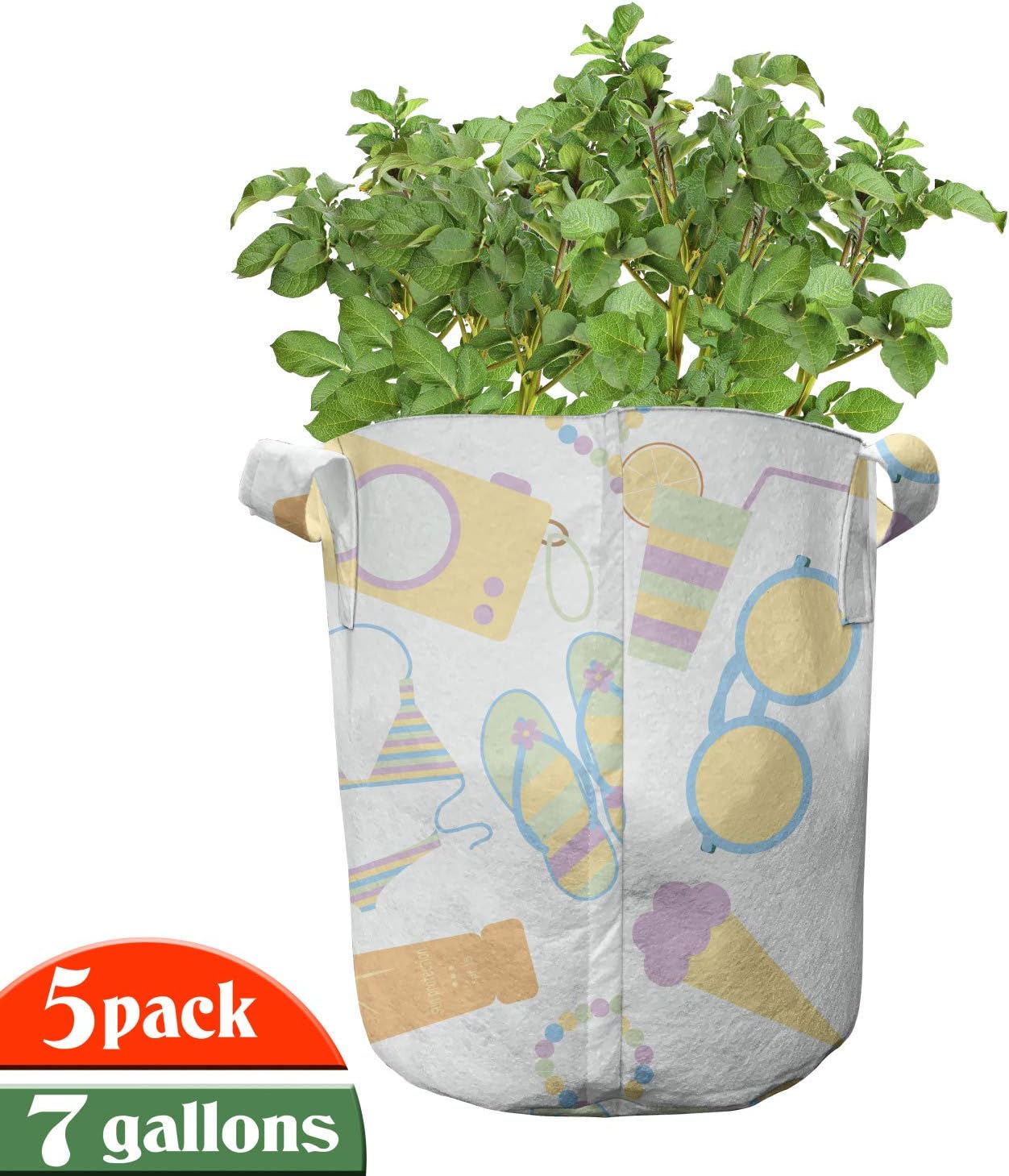 Lunarable Summer Grow Bags 5-Pack, Pastel Hue Flip Flops Bikini, Heavyduty Fabric Pots with Handles for Plants, 7 Gallon, Multicolor