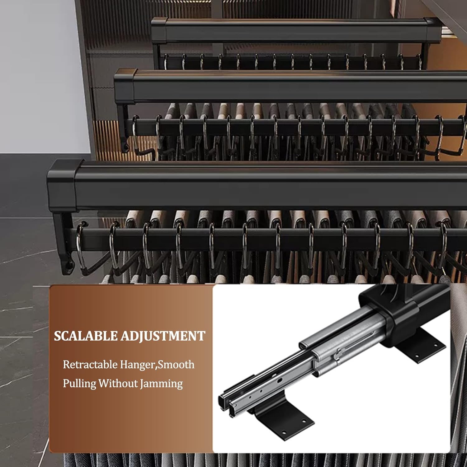 引き出し式パンツラック、クローゼットハンガーレール、ズボンラッククローゼットオーガナイザーラック、パンツとコート用引き出し式クローゼ