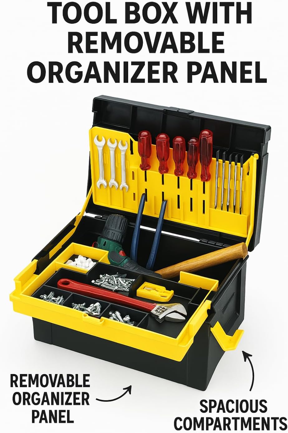 Compacto Tool Organizer Box with Removable Tray | Heavy-Duty Plastic Toolbox with Compartments for DIY, Electrical, and Craft Tools | Portable, Lockable & Durable | 10,62''X14,96''X8,66'' | by Onuva