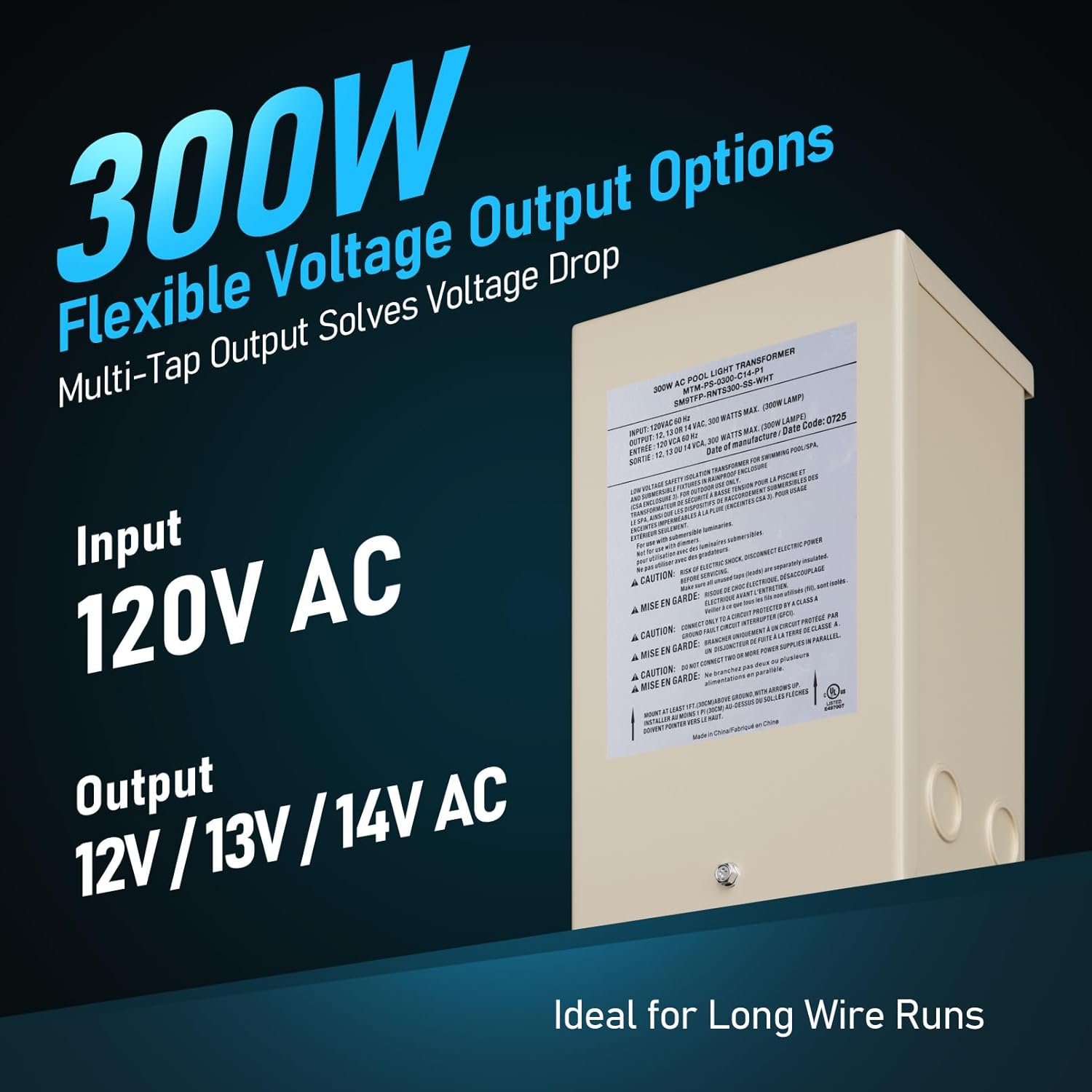 LEONLITE 300W AC Pool Light Transformer, 120V to 12V/13V/14V Low Voltage Isolated Transformer with Circuit Protection, UL Listed & NEC 680.23, Outdoor Use for Pool, Spa, Fountain, Underwater Lighting