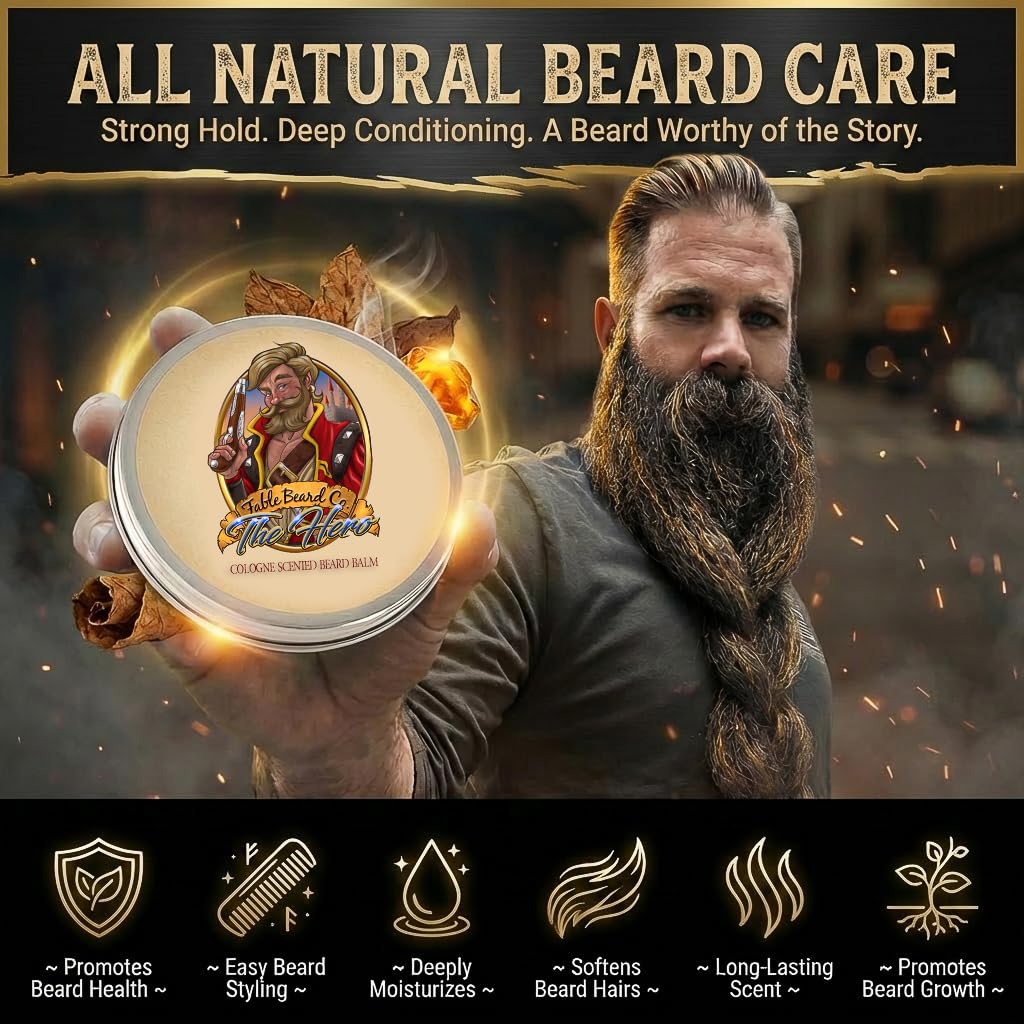 Fable Beard Co. Beard Balm - The Hero, Warm Tobacco, Light Cologne, & Mystical Amber, Natural Beard Balm for Men with Jojoba & Argan Oils, Beard Conditioner, Made in USA (2 Fl Oz)