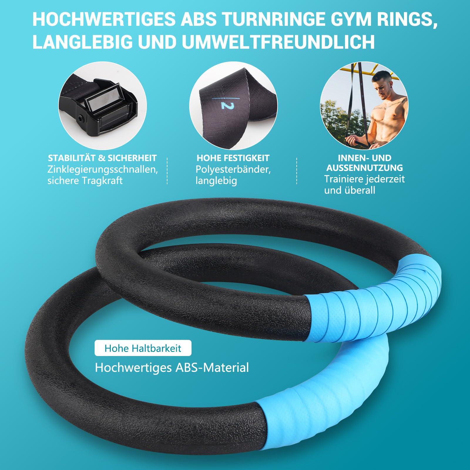 MOCOBO Turnringe, Ringe Turnen, Gym Rings, Calisthenics Ringe, Fitness, ABS Gymnastikringe mit Hochfeste Polyester-Gurtbänder, Blaues Griffband, Zinklegierungs-Schnallen für Indoor & Outdoor Training