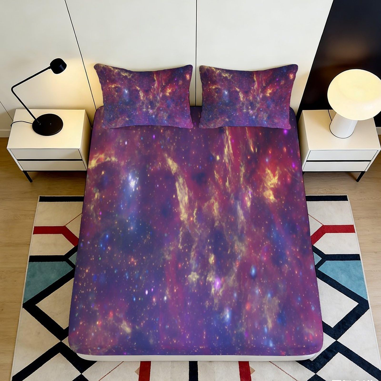 3D Printed Galaxy Starry Sky Fitted Sheet Microfiber Mattress Cover Purple Nebula Design Anti-Slip Machine Washable Bedroom Decor 140x200x25cm