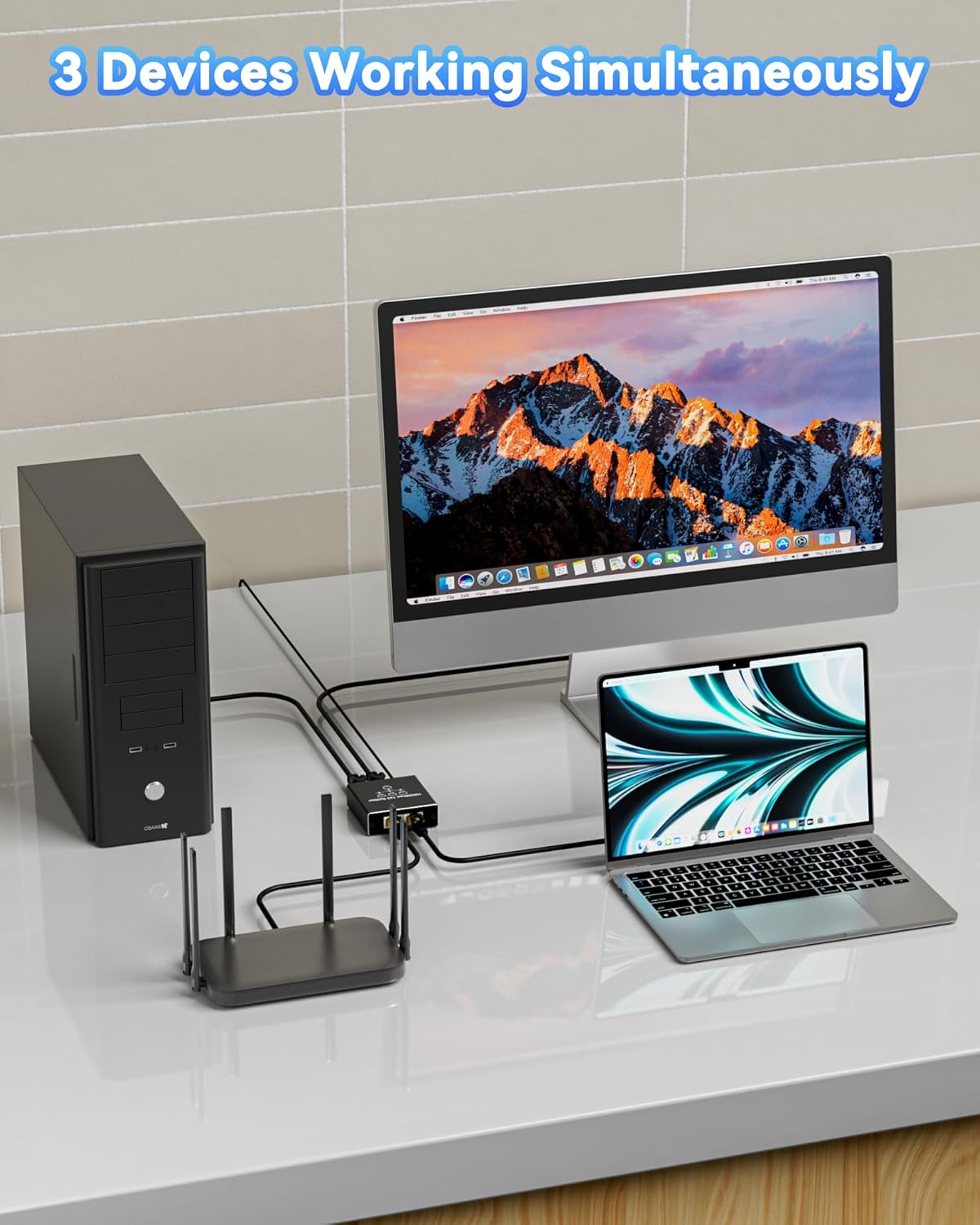 Gigabit Ethernet Splitter 1 to 3, Kit with 2 Cat6 Cables 6.6FT & USB Power, 1000Mbps High-Speed RJ45 LAN Splitter Adapter for Router, Modem, Switch Compatible with Cat5/5e/6/7/8 Ethernet Cables