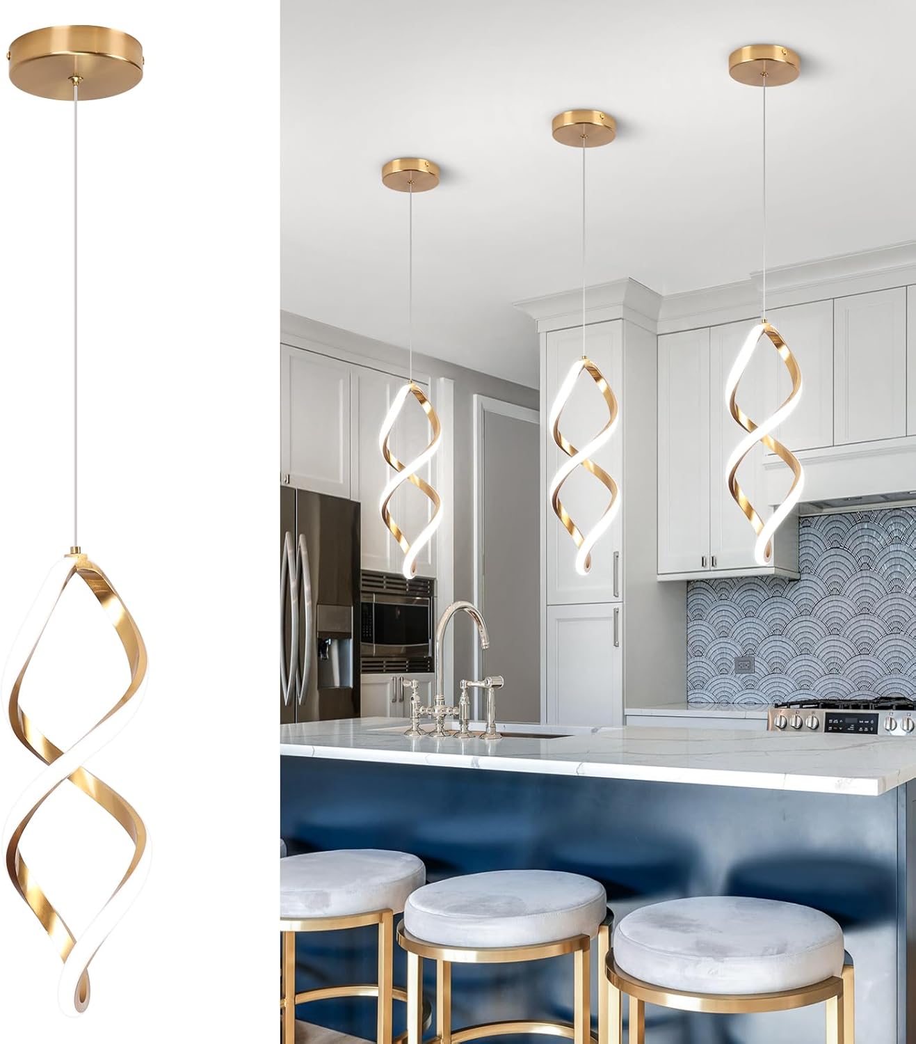 Gold Led Pendant Lights Kitchen Island,5500K Modern Led Pendant Lighting Over Island, Adjustable Hanging Pendant Light Fixtures for Kitchen Bedroom Dining Room Sink, 1 Pack