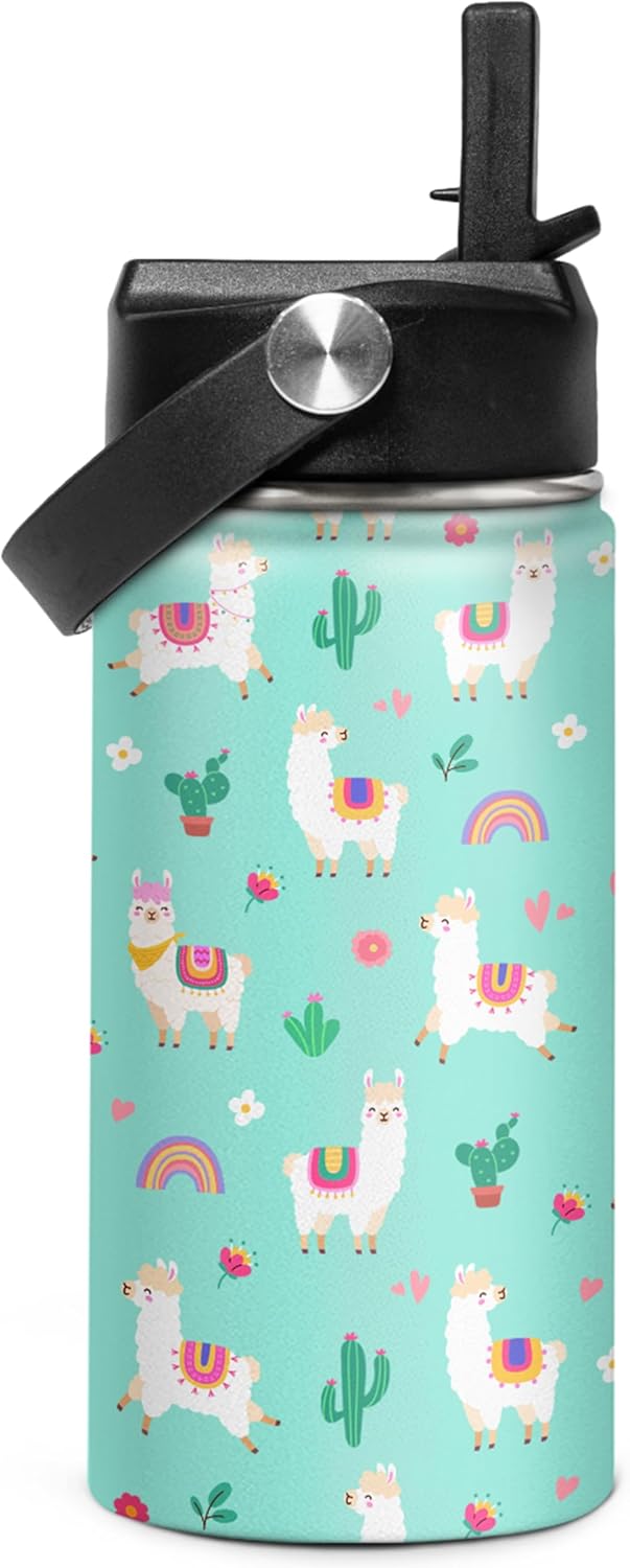 Kids Water Bottle Alpaca Llama Water Bottles 12oz with Straw Insulated Stainless Steel Travel School Tumbler Double Wall Vacuum Cup for Girls Kid
