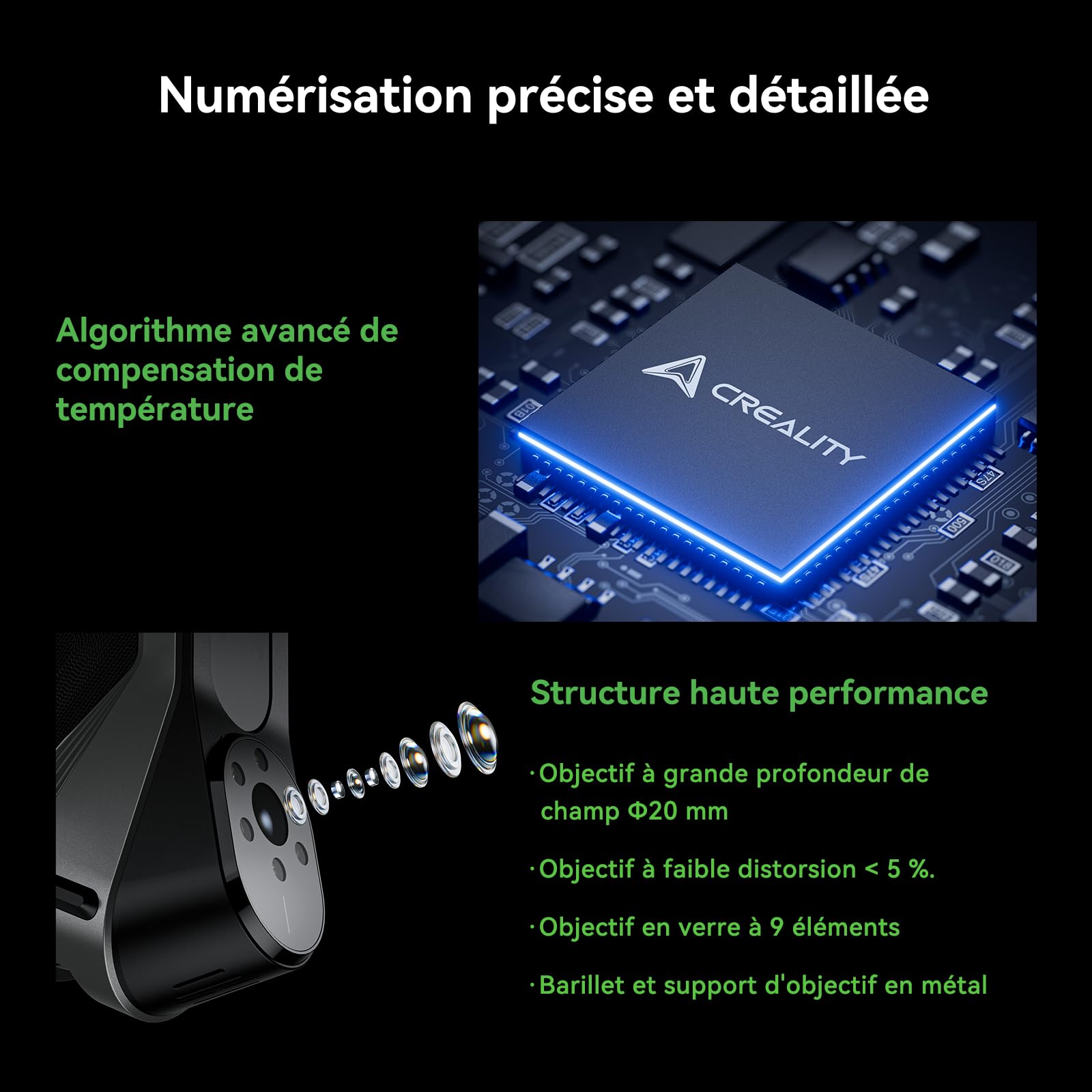 Creality CR-Scan Raptor Scanner 3D, 60 PFS, Portable, Prend en Charge le Mode Double Lumière Bleue/Proche Infrarouge, Précision 0,02 mm, 5mm-2000mm Numérisation/Rétro-Ingénierie de Pièces Automobiles