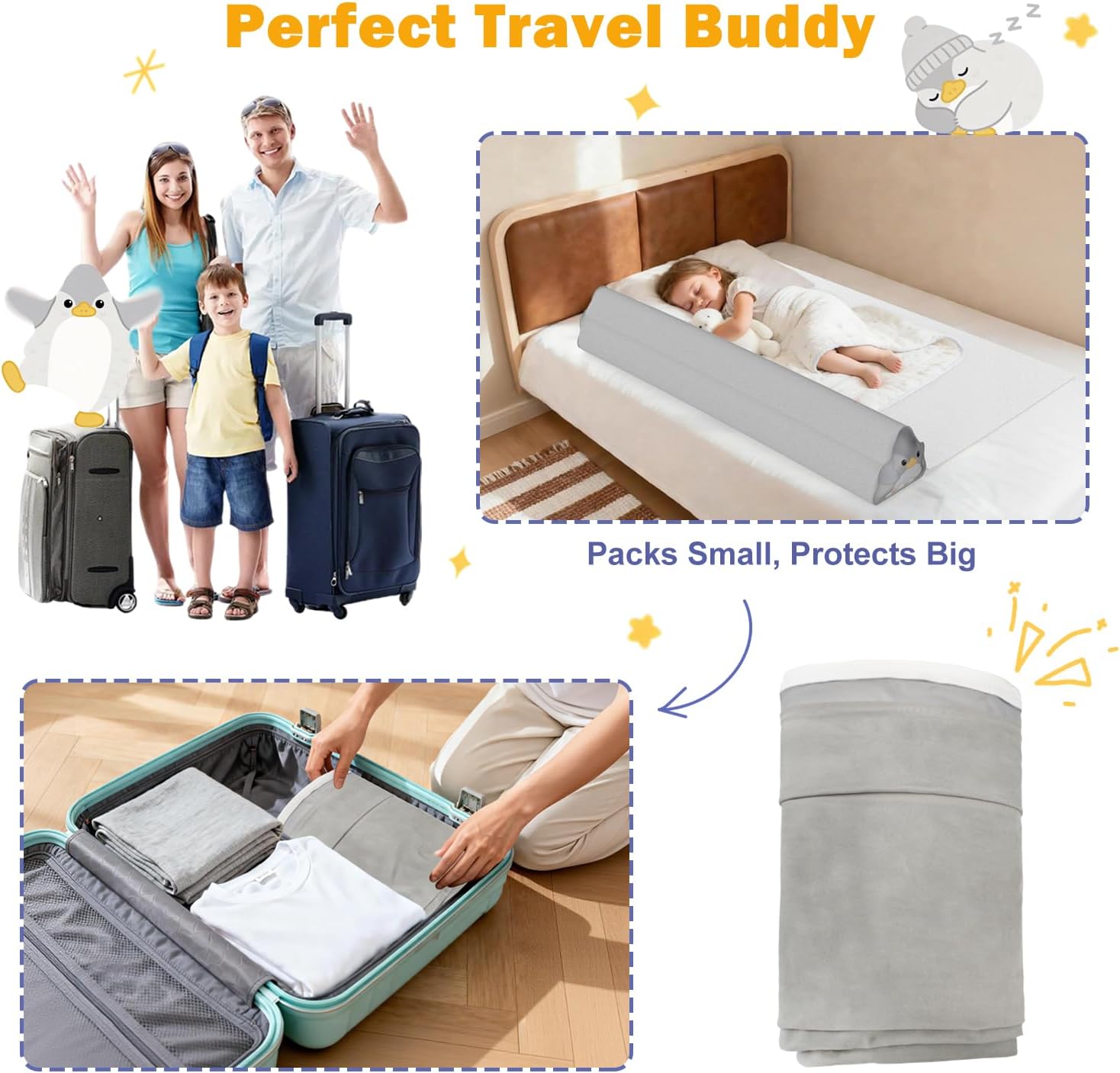 Inflatable Travel Bed Rails: 2 Pack Bed Bumpers for Toddlers - Portable Soft Bedside Rails with Pump for Hotel - Easy to Inflate