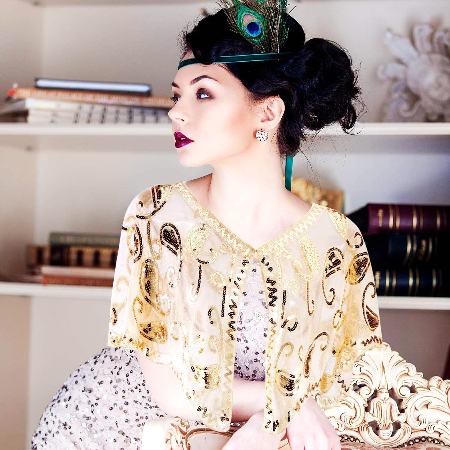 Miniatura 4 de Specell 1920s Shawls and Wraps for Evening Dresses,Wedding Shawl,Handmade Sequin Beaded Evening Shawl Bridal Wrap 25 colors