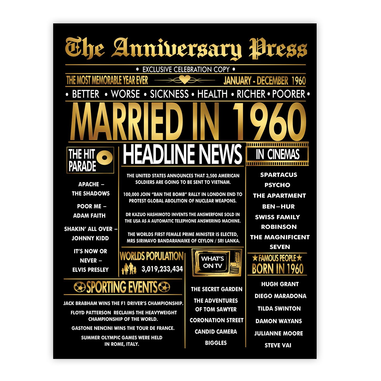 Stuff4 Men's 1960 Gold 66Th Anniversary Poster Unframed - Golden Married In Newspaper - 66 Wedding Anniversary For Wo Vintage Gifts Back In 8X10 Inch Anniversaries Posters