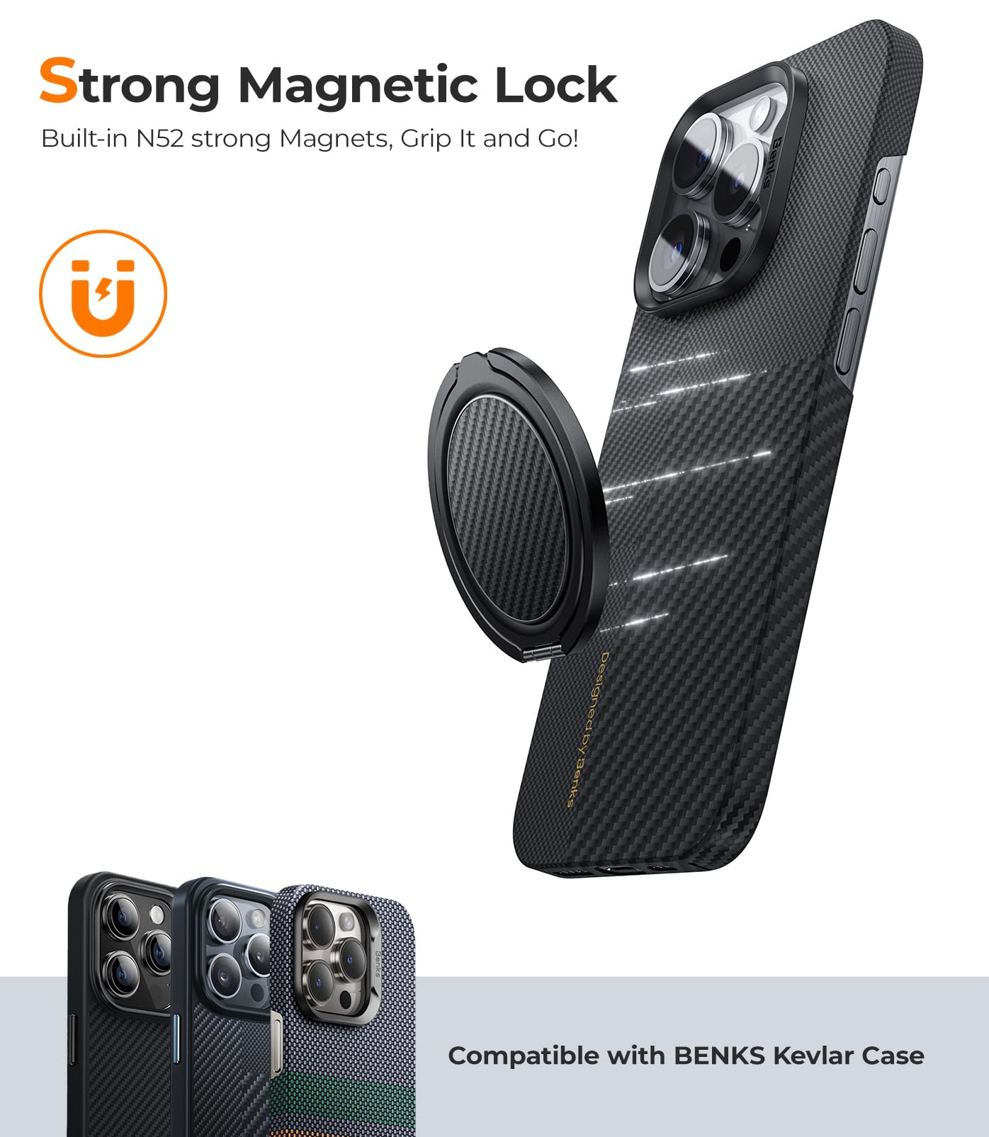 BENKS Magnetische Ringhouder van Kevlar Aramide Vezel met Lederen Handgreep, 360° Rotatie, Metalen Ring, Vingerhouder voor iPhone 17, 16, 15, 14, 13, 12 Pro Max Plus Mini, ArmorGrid Zwart