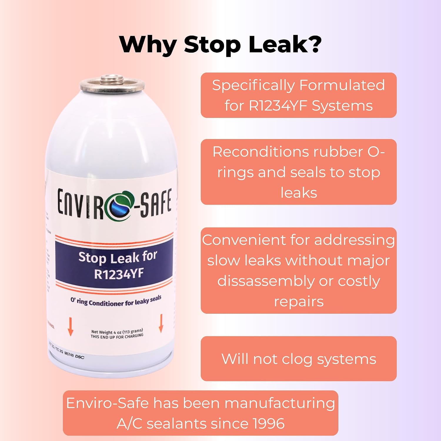 ENVIRO-SAFE R1234YF Stop Leak, Repairs Leaks in R1234YF Vehicle A/C's, DIY Friendly Installation