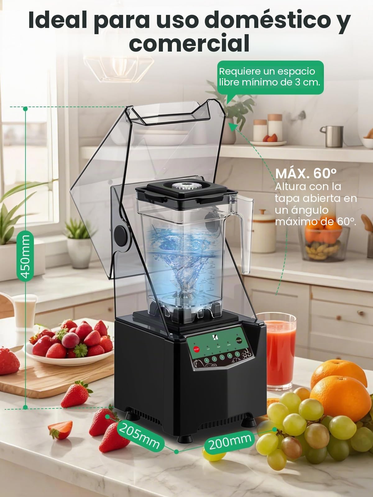 Huanyu Batidora comercial con carcasa insonorizada, capacidad de 2 litros, triturador de hielo silencioso, batidora para batidos, batidoras de alto rendimiento de 1000 W