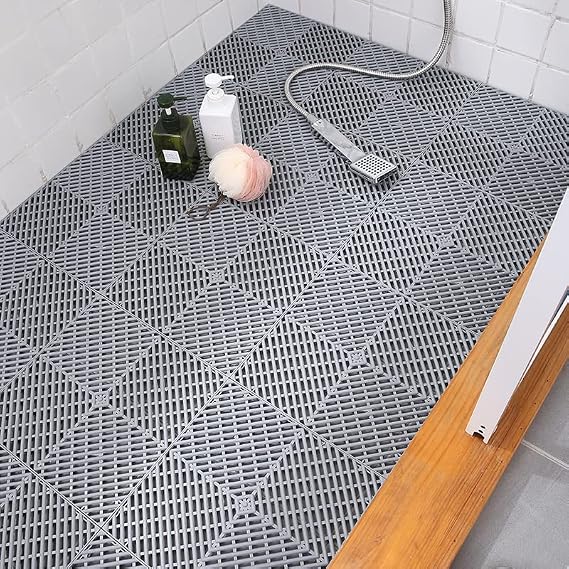 SOUJOY 12 Pieces Modular Interlocking Cushion, 30 x 30 cm Rubber Drainage Mat with Holes, Non-Slip Splicing Floor Drain Tile Mat for Pool Shower Bathroom Kitchen Patio Balcony Yard Pet Area