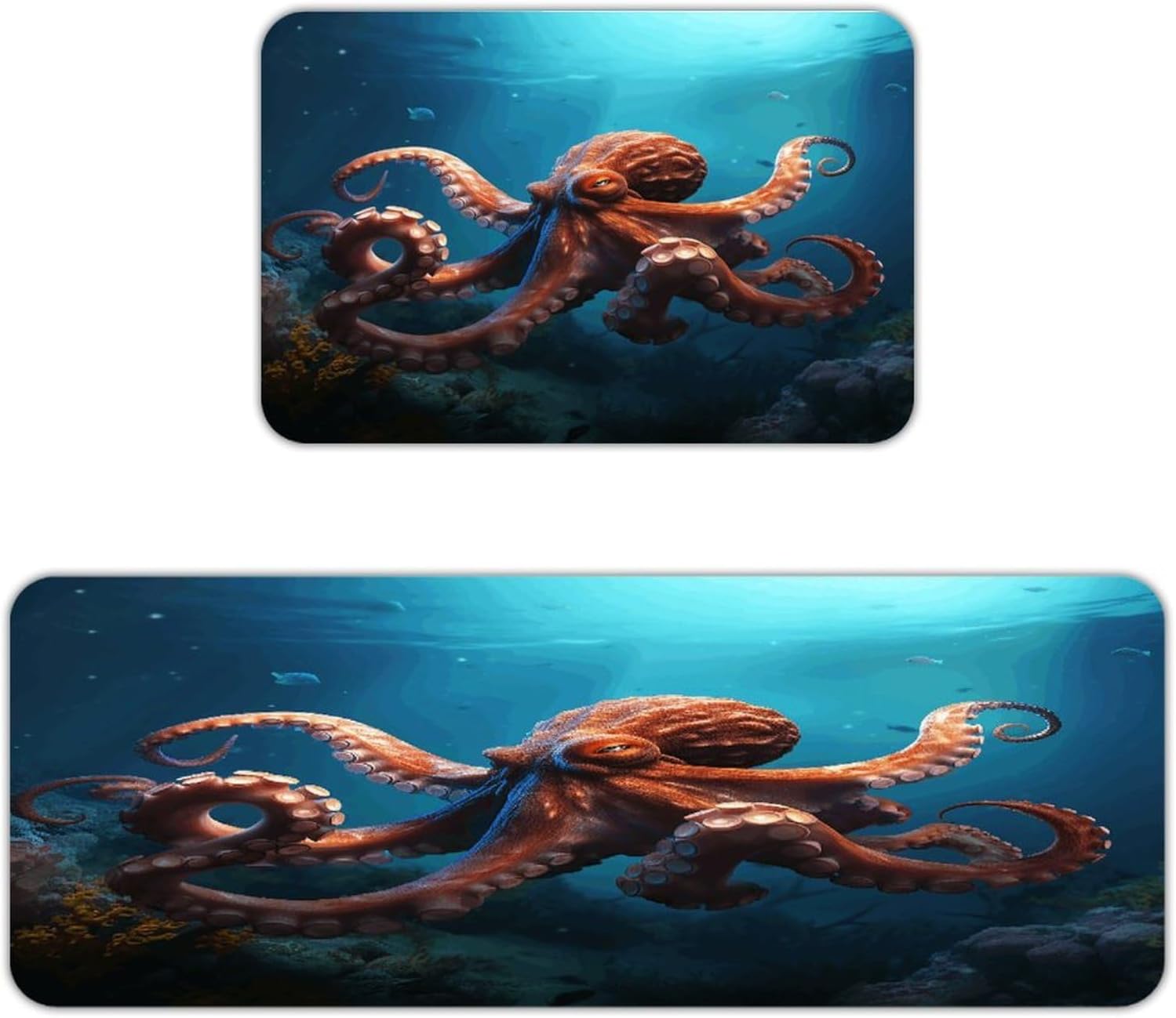 Ocean Animal Octopus Kitchen Mat Washable Non Slip Rugs Soft Kitchen Mats for Floor Set of 2 PCS Cushioned Absorbent Runner Standing Rugs for Home Sink Laundry Office