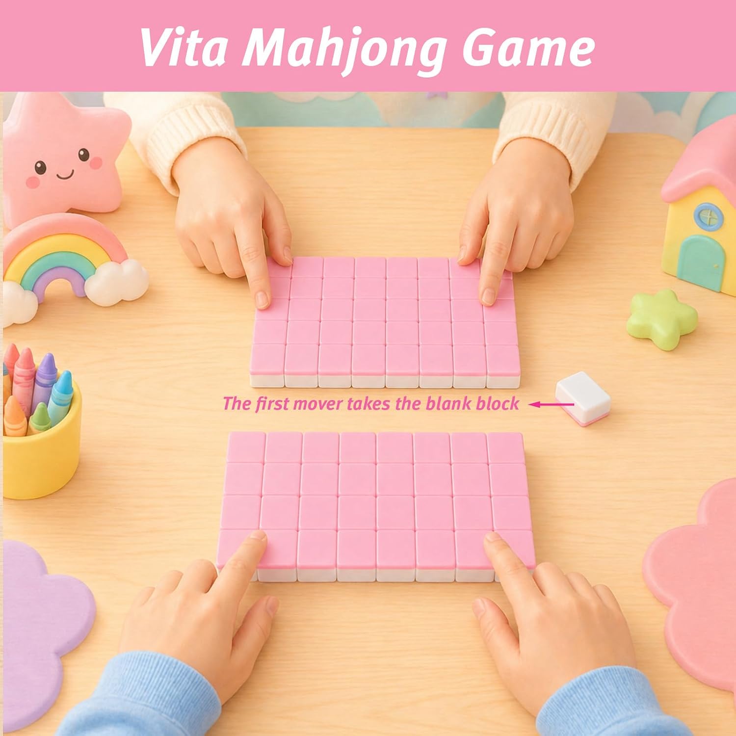 2 Players Mahjong Block Set with DIY Stickers, Mahjong Tile Game 65 Premium Pink Tiles(30mm), Portable Seaside Game Blocks Set with A Carry Bag