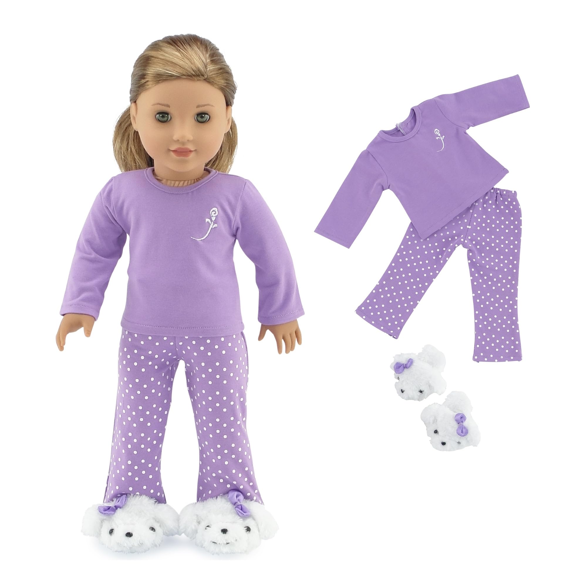 Emily Rose 18 Inch Doll Clothes 3-PC Pajamas PJs Outfit Sleep Bed Bedtime Set, Including Adorable Puppy Slippers | Gift Boxed! | 18" Doll Clothing and Accessories Playset | USA Brand