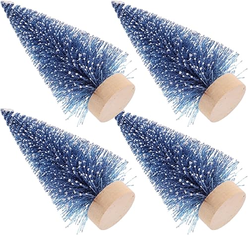 Miniatura 8 de Decoración para el hogar, mini árbol de Navidad artificial, 4 piezas, árboles de sisal, escarcha de nieve, cepillo para botella con bases de madera