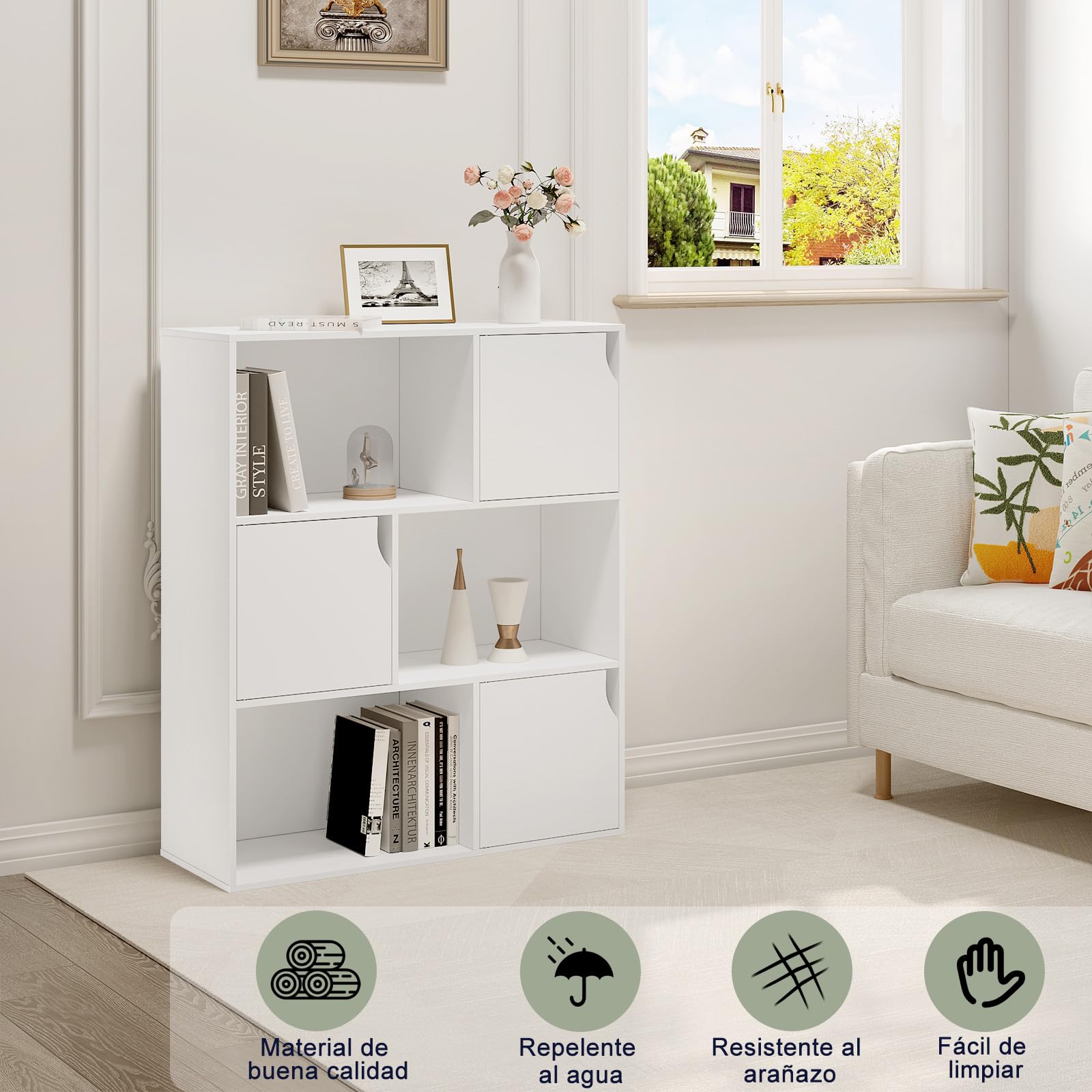 eSituro Libreria de 3 Niveles, Estanteria Almacenaje con 6 Compartimentos | Con Puertas, Organizador de Libros y Juguetes para Dormitorio, Oficina o Estudio, 80x30x96 cm, Blanco, SBKC0050