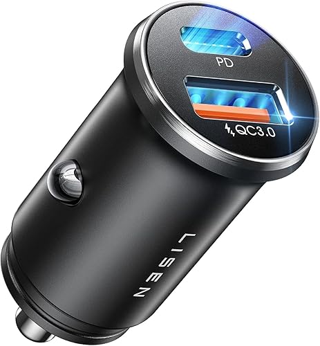 LISEN Cargador de coche súper rápido para iPhone 16, adaptador de encendedor de cigarrillos de aleación de 54 W, doble puerto de 12 V, USB C,