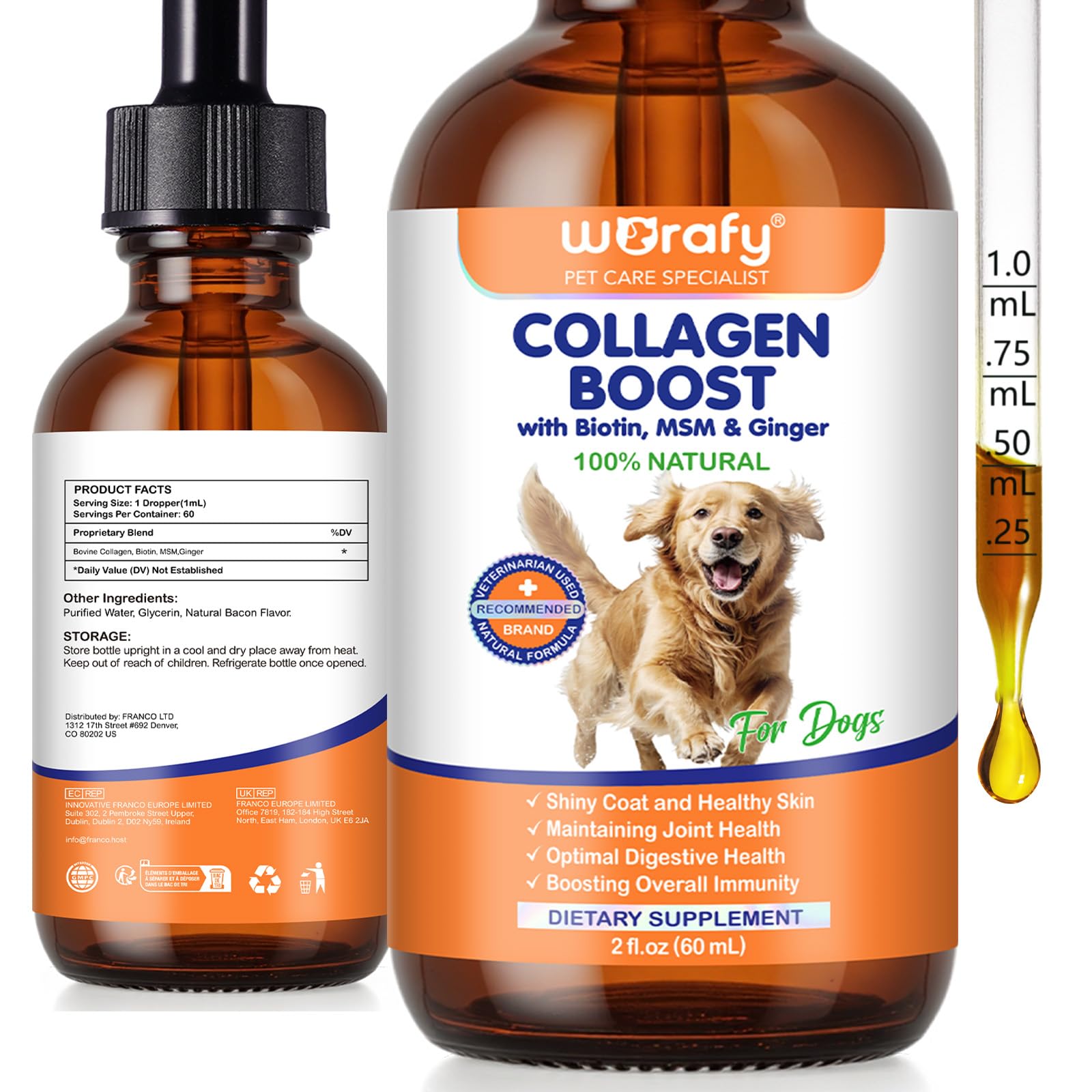 Kollagen Hund 60ml, Liquid Collagen for Dogs, Flüssiges Kollagen für Hunde Gelenke, Haut und Fell, Collagen Hund mit Biotin & MSM, Unterstützen Juckende Haut Relief und die Verdauungsgesundheit