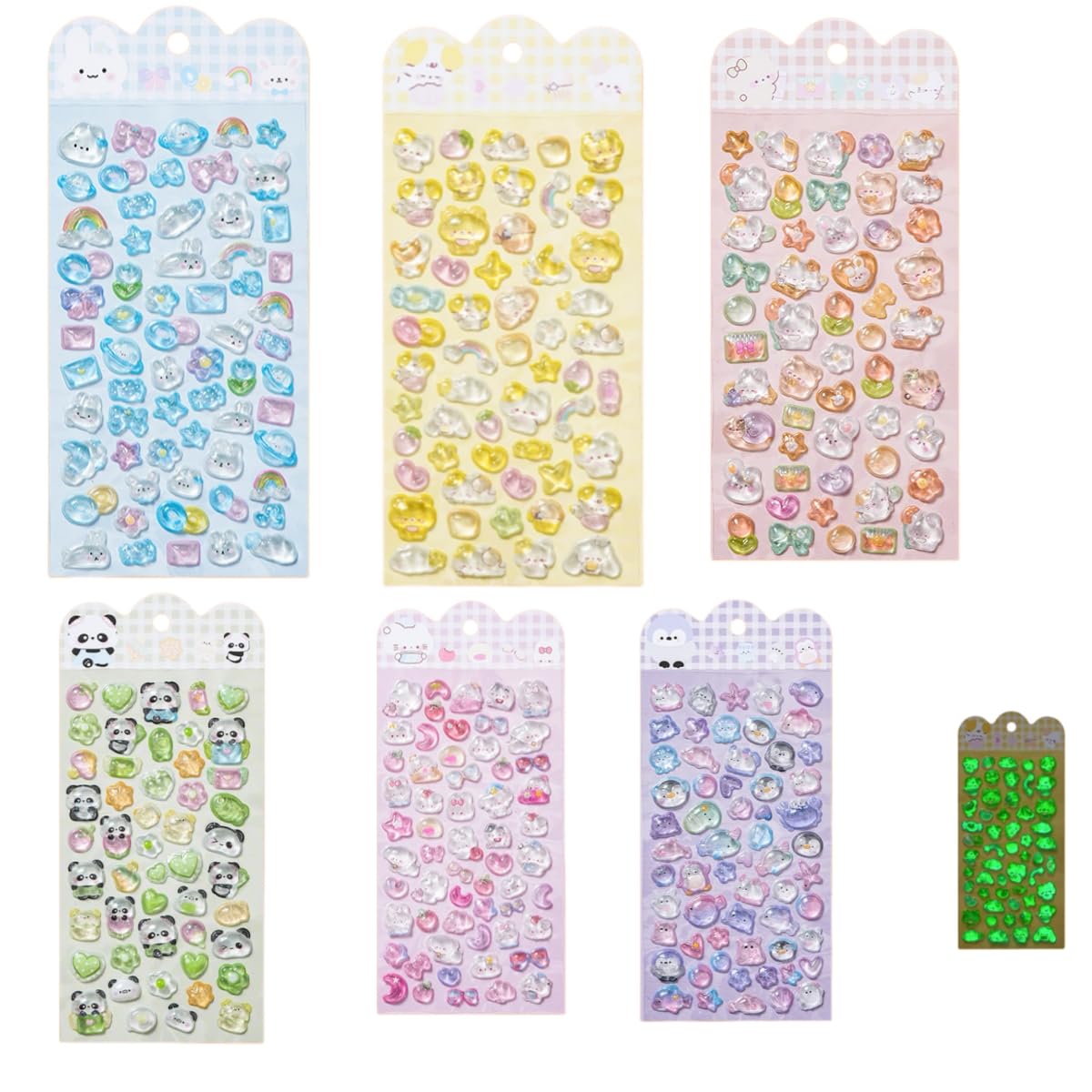 Lot de 6 feuilles d'autocollants 3D mignons gonflants phosphorescents pour