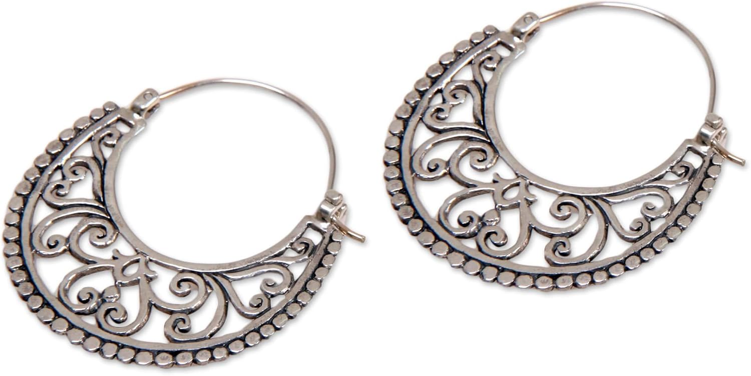 NOVICA Artisan Handmade Sterling Silver Flower Earrings | Bali Jewelry | Indonesia Floral Drop | 'Gentle Hollyhocks' | 0.8" L x 0.5" W