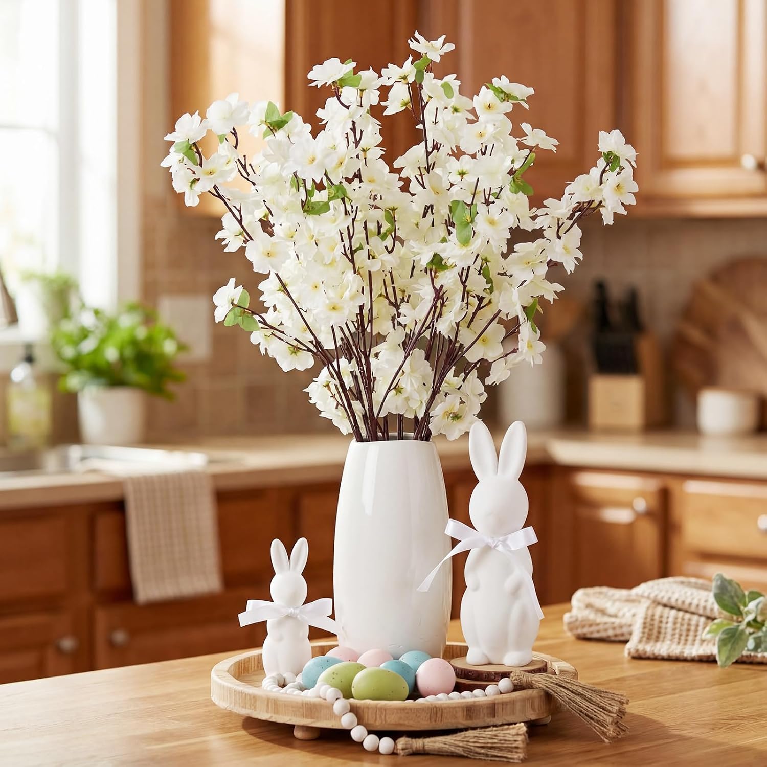 Civaner 29 Pcs Easter Table Centerpiece Spring Tray Decoration Includes 2 Flocked Bunnies, 16 Pastel Speckled Eggs, 10 Peach Blossom Branches and 1 Wooden Beads Garland for Spring Indoor Home(White)